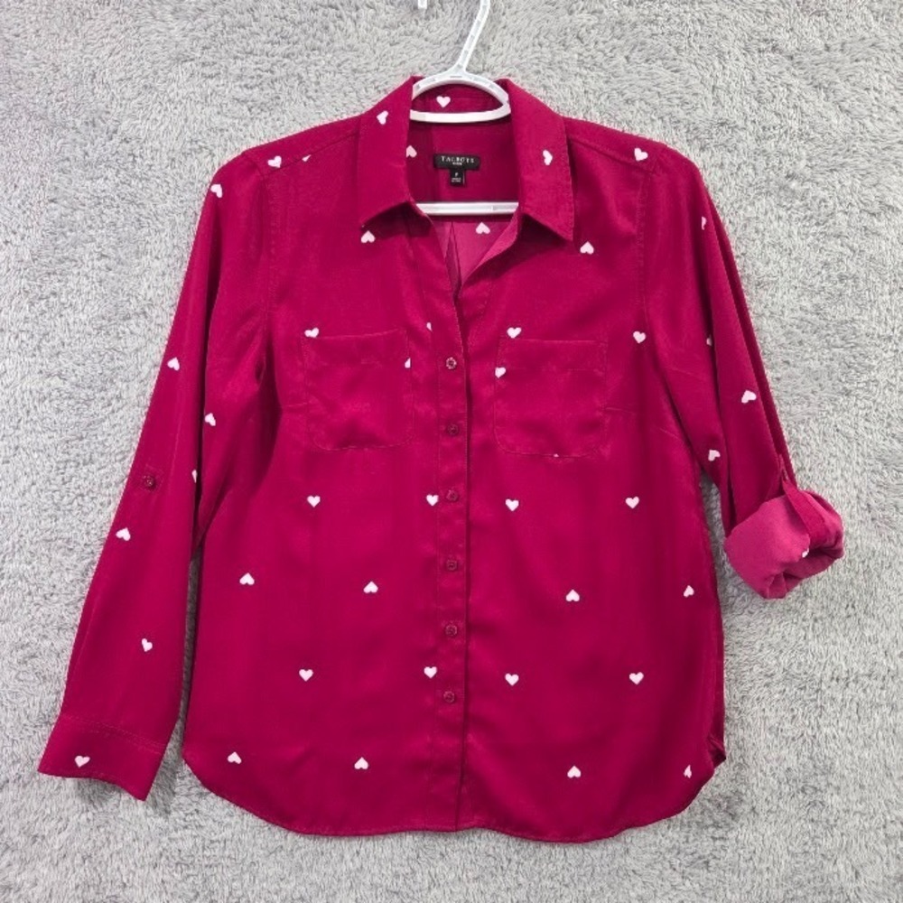 Talbots Petite P Top Pink Heart Print Roll Tab Sleeve Button Up Blouse Whimsical